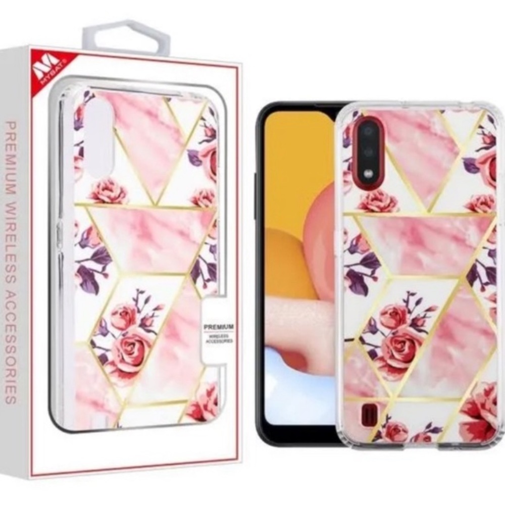 Mybat Samsung Galaxy A01 phone case rose Marble/Black tuff Subs Hybrid pink